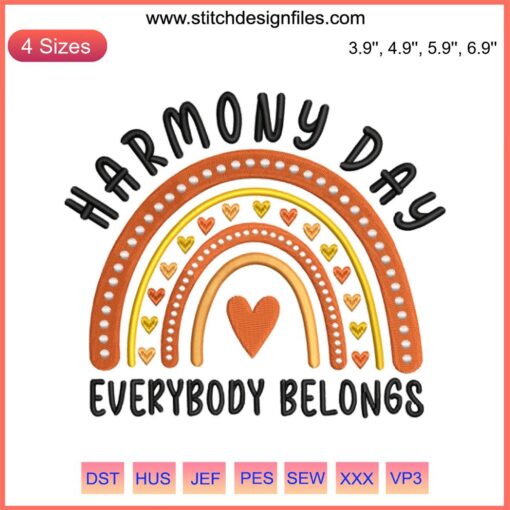 Harmony Day Embroidery Design featuring "Everybody Belongs" phrase with colorful stitches. Digital design for inclusion-themed projects.