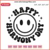 Yellow smiley face embroidery design for Harmony Day digital stitching, promoting joy and inclusion.
