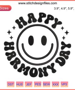 Yellow smiley face embroidery design for Harmony Day digital stitching, promoting joy and inclusion.