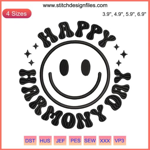 Yellow smiley face embroidery design for Harmony Day digital stitching, promoting joy and inclusion.