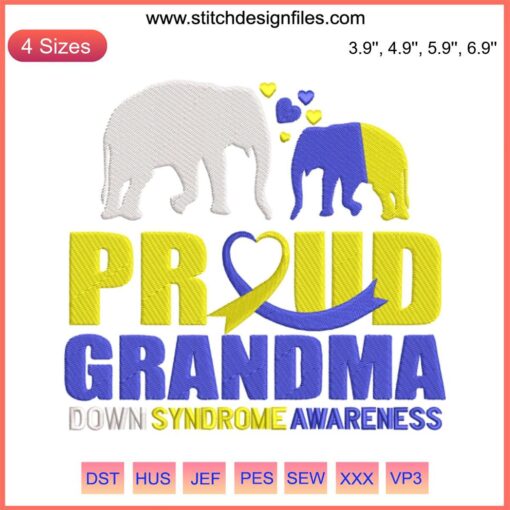 "Proud Grandma World Down Syndrome Day Embroidery Design - March 21 Awareness Digital Stitching, Heart Motif, Yellow Blue Colors"