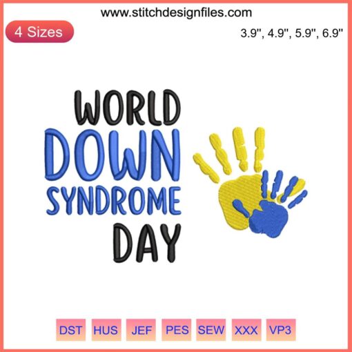 Blue yellow hands embroidery design for World Down Syndrome Day, digital stitching pattern, Down syndrome awareness.