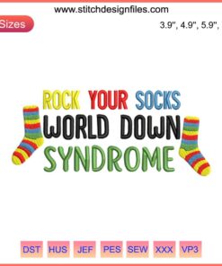 Colorful socks embroidery design for World Down Syndrome Day, featuring vibrant patterns in digital stitching.