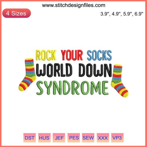 Colorful socks embroidery design for World Down Syndrome Day, featuring vibrant patterns in digital stitching.