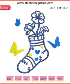 Down Syndrome Awareness Sock Embroidery Design featuring a butterfly with heart accents; digital stitch pattern.