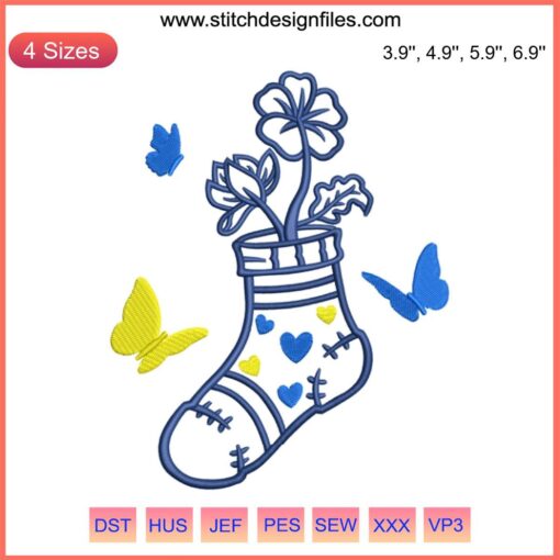 Down Syndrome Awareness Sock Embroidery Design featuring a butterfly with heart accents; digital stitch pattern.