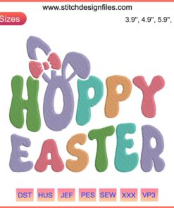Easter Bunny Embroidery Design: Cute rabbit with "Hoppy Easter Day" text, floral accents. Perfect for Easter digital stitching.