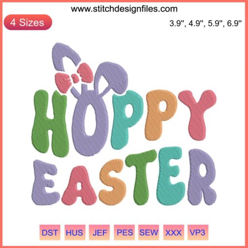 Easter Bunny Embroidery Design: Cute rabbit with "Hoppy Easter Day" text, floral accents. Perfect for Easter digital stitching.
