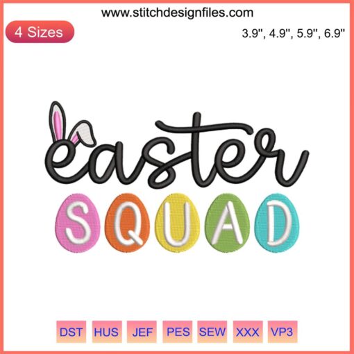 Easter Squad Embroidery Design featuring whimsical bunny squad in colorful digital stitching. Perfect for Easter crafts and decor.