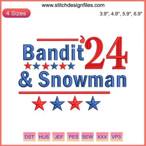 Bandit and Snowman 2024 Election Embroidery Design | Digital Stitch of Bandit Snowman '24 Vote Emblem | Political Embroidery Art