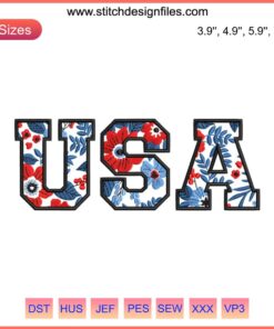 USA Flowers Embroidery Design featuring patriotic florals, perfect for July 4th stitching projects. Celebrate America in style!