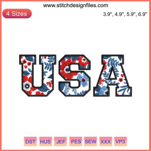 USA Flowers Embroidery Design featuring patriotic florals, perfect for July 4th stitching projects. Celebrate America in style!