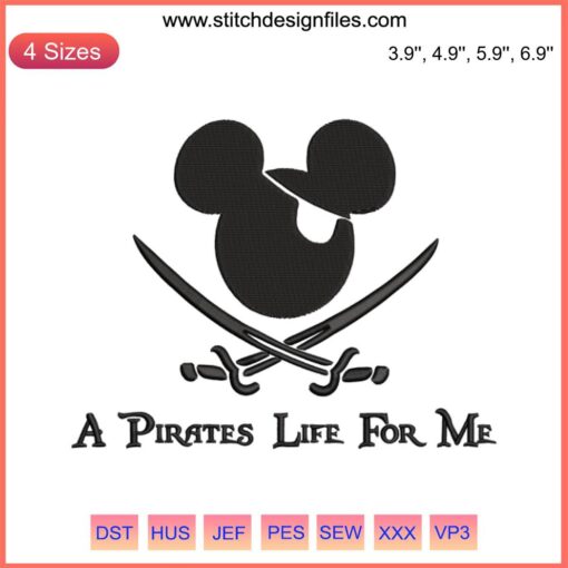 Mickey Mouse Pirate Embroidery Design, Disney Stitching, Skull Hat, Crossbones, Nautical Theme, Digital Download Embroidery
