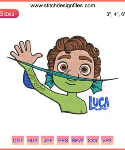 Disney Pixar Luca Embroidery Design: Luca and Alberto as sea monsters in a vibrant, detailed pattern, perfect for fans and embroidery projects.
