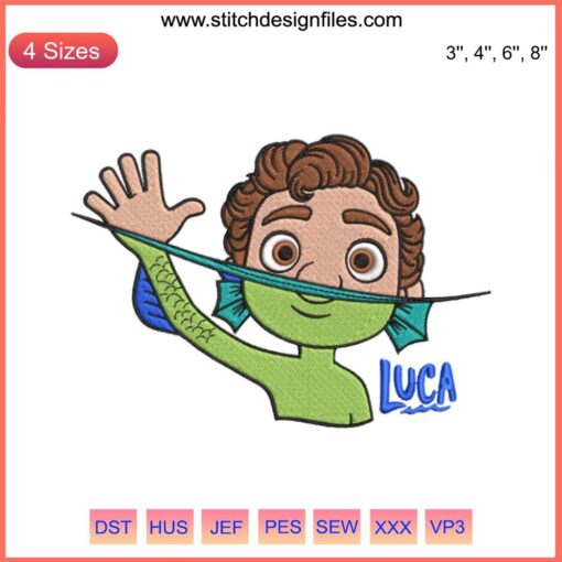 Disney Pixar Luca Embroidery Design: Luca and Alberto as sea monsters in a vibrant, detailed pattern, perfect for fans and embroidery projects.