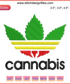 Cannabis leaf embroidery design, digital stitching, marijuana motif, intricate weed pattern, stylish DIY craft decor.