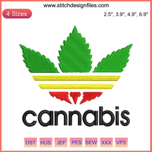 Cannabis leaf embroidery design, digital stitching, marijuana motif, intricate weed pattern, stylish DIY craft decor.