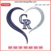 Embroidery design of Colorado Rockies heart-shaped baseball logo, featuring precise digital stitching detail.