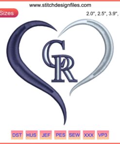 Embroidery design of Colorado Rockies heart-shaped baseball logo, featuring precise digital stitching detail.