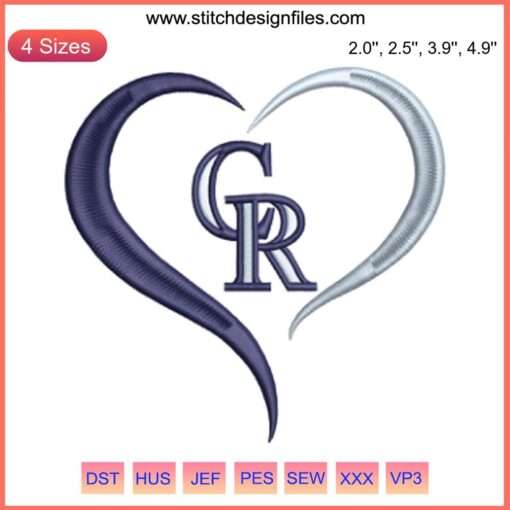 Embroidery design of Colorado Rockies heart-shaped baseball logo, featuring precise digital stitching detail.