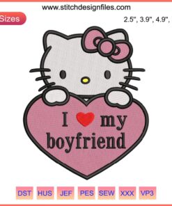 Hello Kitty Heart Embroidery Design "I Love My Boyfriend" - Cute Digital Stitching Pattern