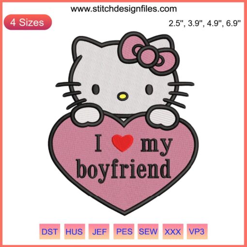 Hello Kitty Heart Embroidery Design "I Love My Boyfriend" - Cute Digital Stitching Pattern