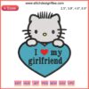Hello Kitty heart embroidery design with "I Love My Girlfriend" text, perfect for digital stitching projects.