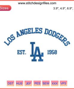 Los Angeles Dodgers Est. 1958 Embroidery Design | LA Baseball Digital Stitching | Classic MLB Logo | Blue & White Stitches