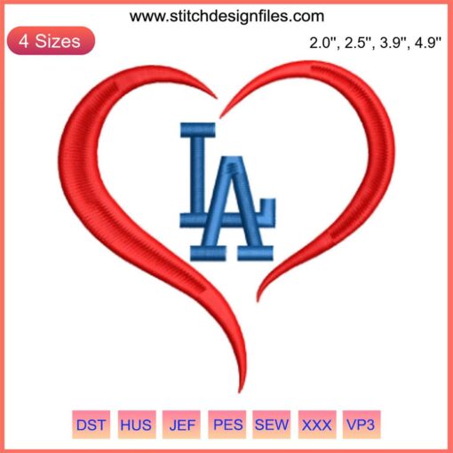 Los Angeles Dodgers Heart Embroidery Design | Digitized Baseball Logo Stitch Craft | MLB Team Embroidery Pattern
