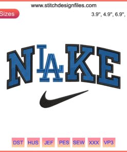 "Los Angeles Dodgers x Nike digital embroidery design, MLB baseball stitching, blue & white logo, sportswear customization."