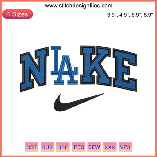 "Los Angeles Dodgers x Nike digital embroidery design, MLB baseball stitching, blue & white logo, sportswear customization."