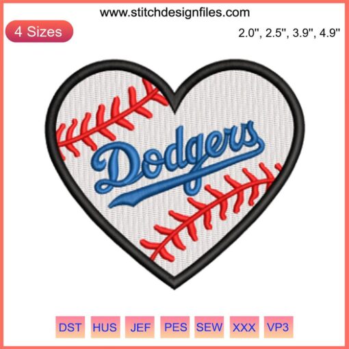 "Los Angeles Dodgers Heart Embroidery Design featuring iconic LA baseball stitching pattern for die-hard fans and crafters."