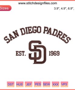 San Diego Padres Est. 1969 Embroidery Design featuring SD Baseball Digital Stitching on white background. Perfect for stitching projects.