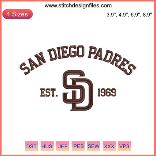 San Diego Padres Est. 1969 Embroidery Design featuring SD Baseball Digital Stitching on white background. Perfect for stitching projects.