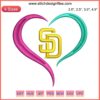 San Diego Padres heart embroidery design featuring baseball logo; digital stitching file for sports enthusiasts and crafters.