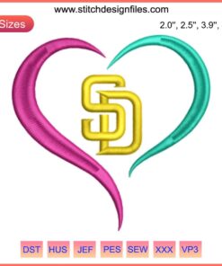 San Diego Padres heart embroidery design featuring baseball logo; digital stitching file for sports enthusiasts and crafters.
