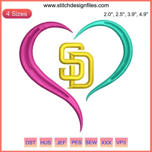 San Diego Padres heart embroidery design featuring baseball logo; digital stitching file for sports enthusiasts and crafters.