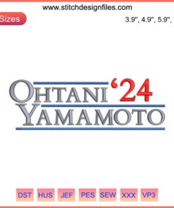 Ohtani Yamamoto 2024 Embroidery Design featuring Shohei Ohtani in MLB Dodgers colors, digital stitching pattern.