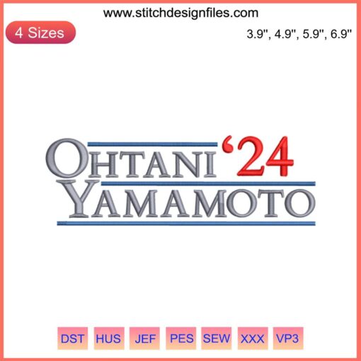 Ohtani Yamamoto 2024 Embroidery Design featuring Shohei Ohtani in MLB Dodgers colors, digital stitching pattern.