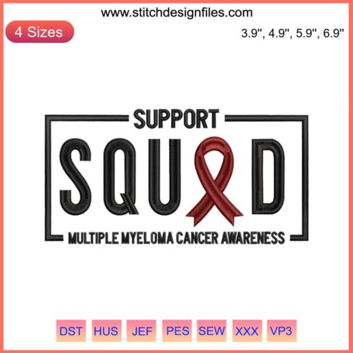 Multiple Myeloma Support Squad Embroidery Design | Cancer Awareness | Red Ribbon Digital Stitching