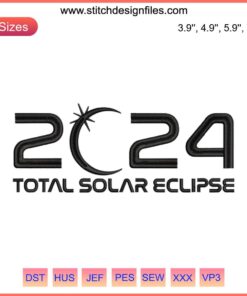 Embroidery design of 2024 Total Solar Eclipse, featuring celestial motifs for astronomy enthusiasts. Digital stitching pattern.