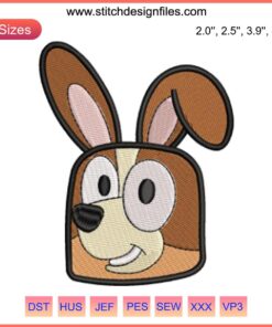 Cute Bunny Bingo Heeler face embroidery file for Bluey Easter Day; perfect digitized design for festive stitching projects.