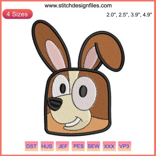Cute Bunny Bingo Heeler face embroidery file for Bluey Easter Day; perfect digitized design for festive stitching projects.