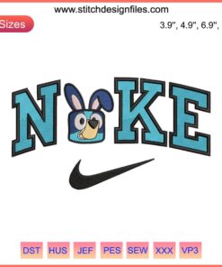 Bluey Bunny Face Nike embroidery design for Easter, cartoon-style digitized file for embroidery machines.