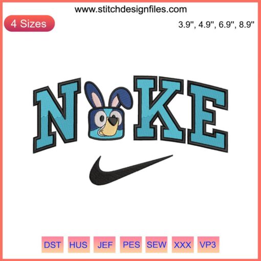 Bluey Bunny Face Nike embroidery design for Easter, cartoon-style digitized file for embroidery machines.