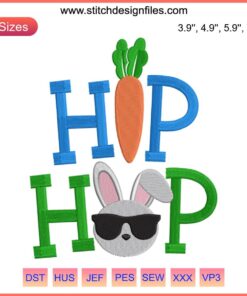 Hip Hop Bunny Embroidery Design featuring a cool bunny with sunglasses, perfect for Easter projects. Digital embroidery file.