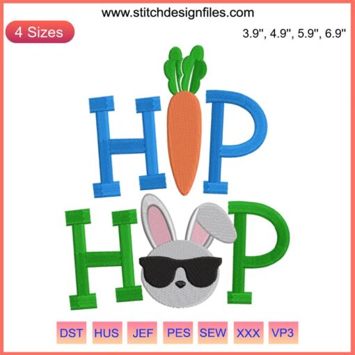 Hip Hop Bunny Embroidery Design featuring a cool bunny with sunglasses, perfect for Easter projects. Digital embroidery file.