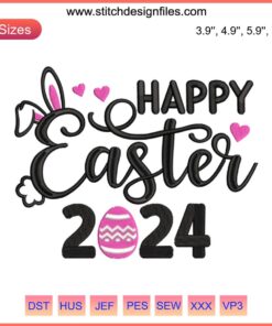 Happy Easter 2024 Embroidery Design: Colorful eggs, bunnies, floral patterns; perfect for Easter Day celebration crafts.