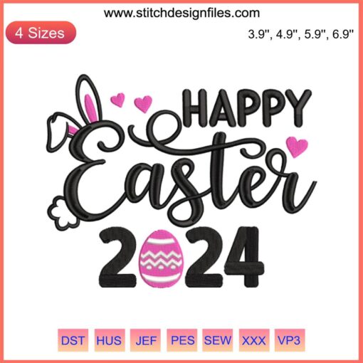Happy Easter 2024 Embroidery Design: Colorful eggs, bunnies, floral patterns; perfect for Easter Day celebration crafts.