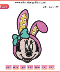 Minnie Bunny Face Easter Embroidery Design in Disney-inspired pastel colors, perfect for Easter stitching projects.